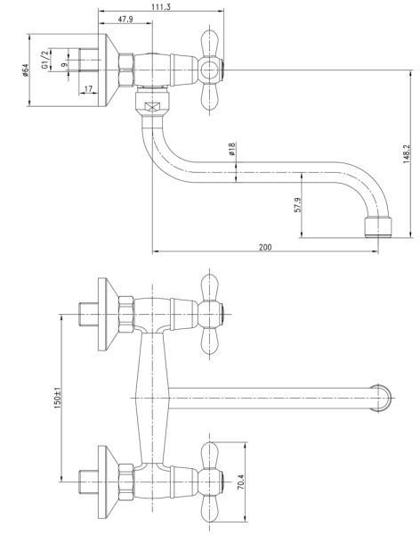 Смеситель KAISER Carlson кухня настенный крест кер.